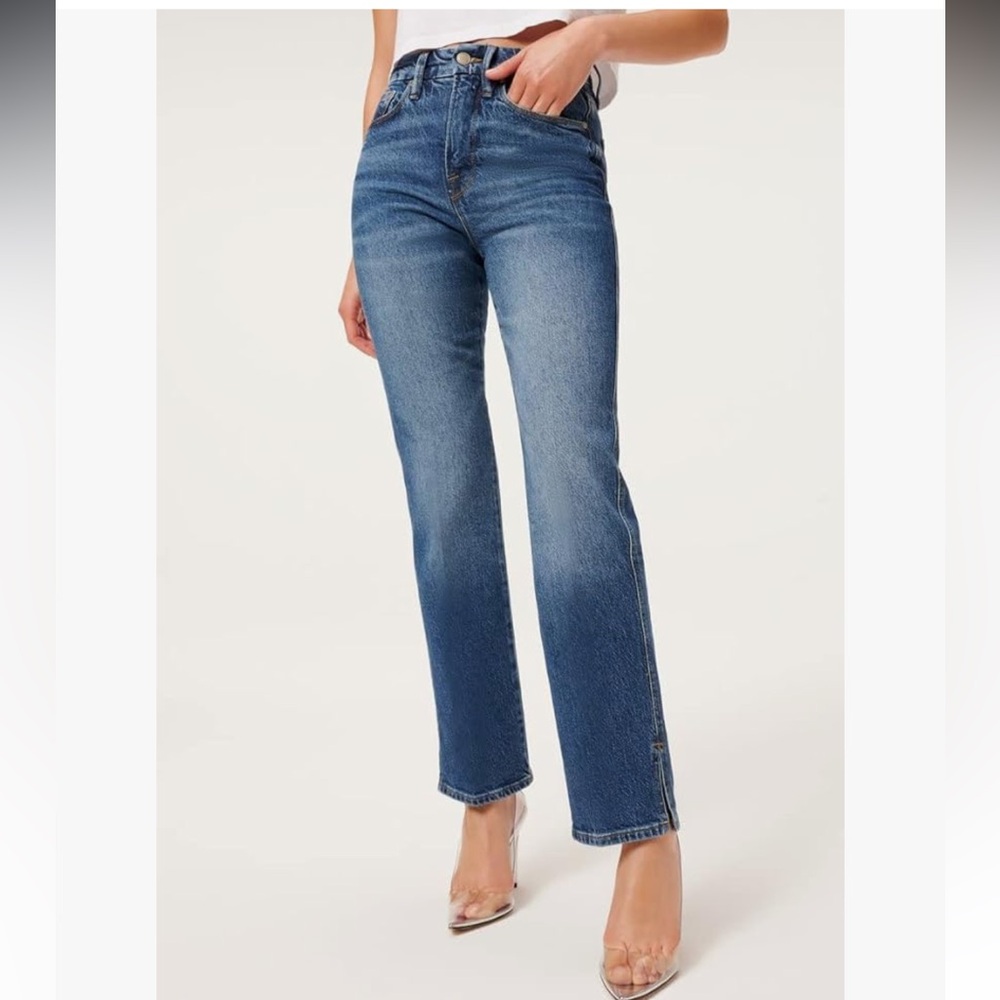 Good American good curve straight leg jeans size 14/32 slit hem